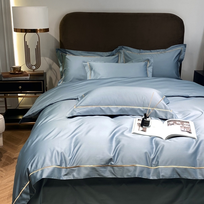 91家纺网 家纺一手货源 找家纺 南泉坊 2025新款50支纯棉贡缎四件套 灰蓝