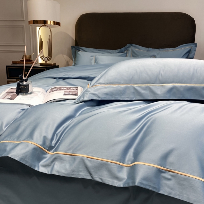 91家纺网 家纺一手货源 找家纺 南泉坊 2025新款50支纯棉贡缎四件套 灰蓝