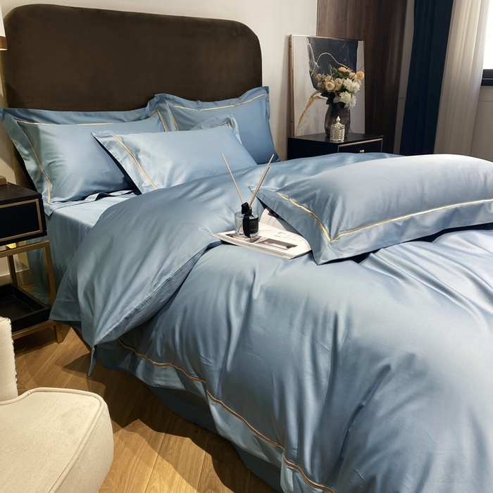 91家纺网 家纺一手货源 找家纺 南泉坊 2025新款50支纯棉贡缎四件套 灰蓝