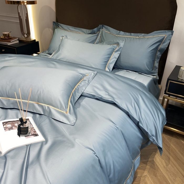 91家纺网 家纺一手货源 找家纺 南泉坊 2025新款50支纯棉贡缎四件套 灰蓝