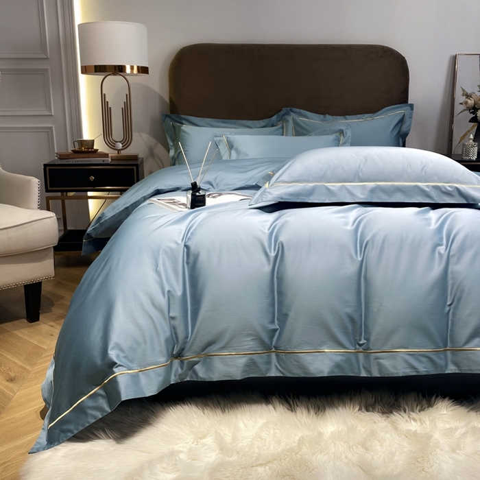 91家纺网 家纺一手货源 找家纺 南泉坊 2025新款50支纯棉贡缎四件套 灰蓝