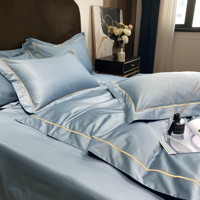 91家纺网 家纺一手货源 找家纺 南泉坊 2025新款50支纯棉贡缎四件套 灰蓝