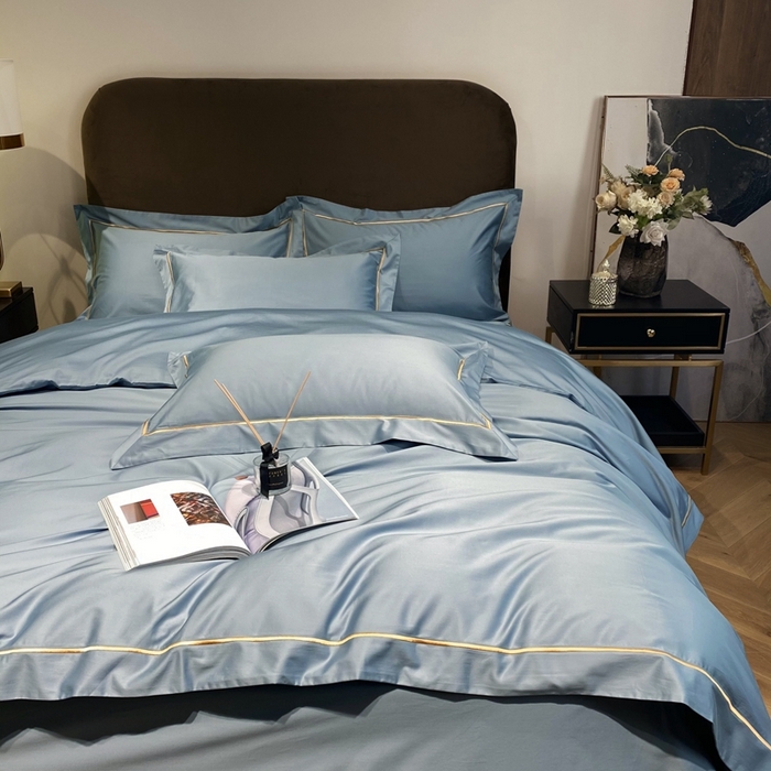 91家纺网 家纺一手货源 找家纺 南泉坊 2025新款50支纯棉贡缎四件套 灰蓝