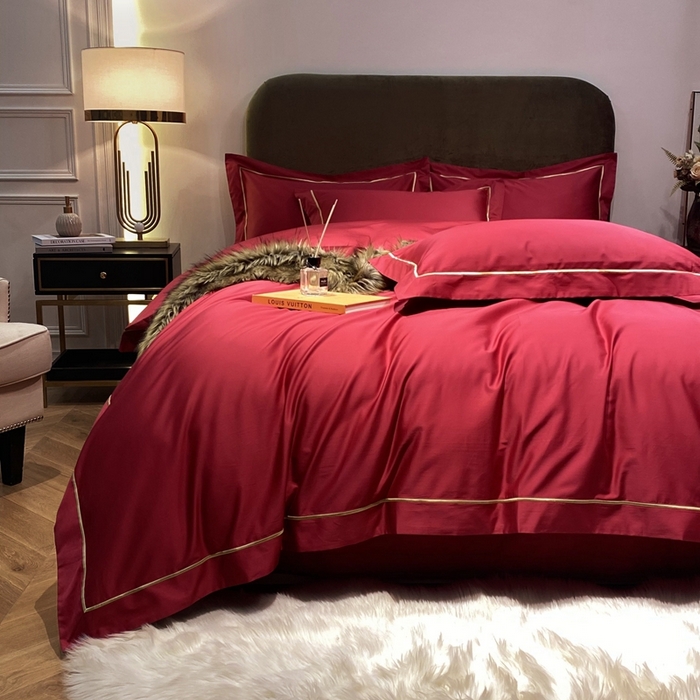 91家纺网 家纺一手货源 找家纺 南泉坊 2025新款50支纯棉贡缎四件套 千禧红