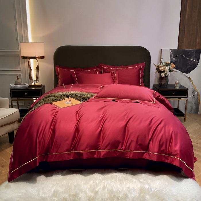 91家纺网 家纺一手货源 找家纺 南泉坊 2025新款50支纯棉贡缎四件套 千禧红