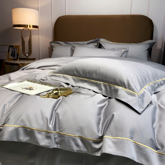 91家纺网 家纺一手货源 找家纺 南泉坊 2025新款50支纯棉贡缎四件套 浅银灰