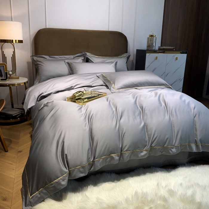 91家纺网 家纺一手货源 找家纺 南泉坊 2025新款50支纯棉贡缎四件套 浅银灰