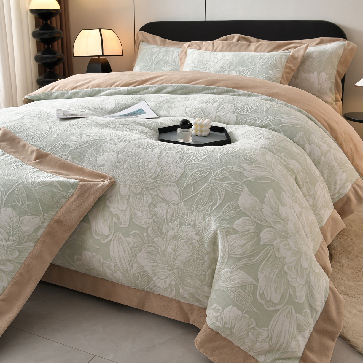 91家纺网 家纺一手货源 找家纺 湘雪家居  2025新款高克重雕花牛奶绒四件套 梦娜-浅绿