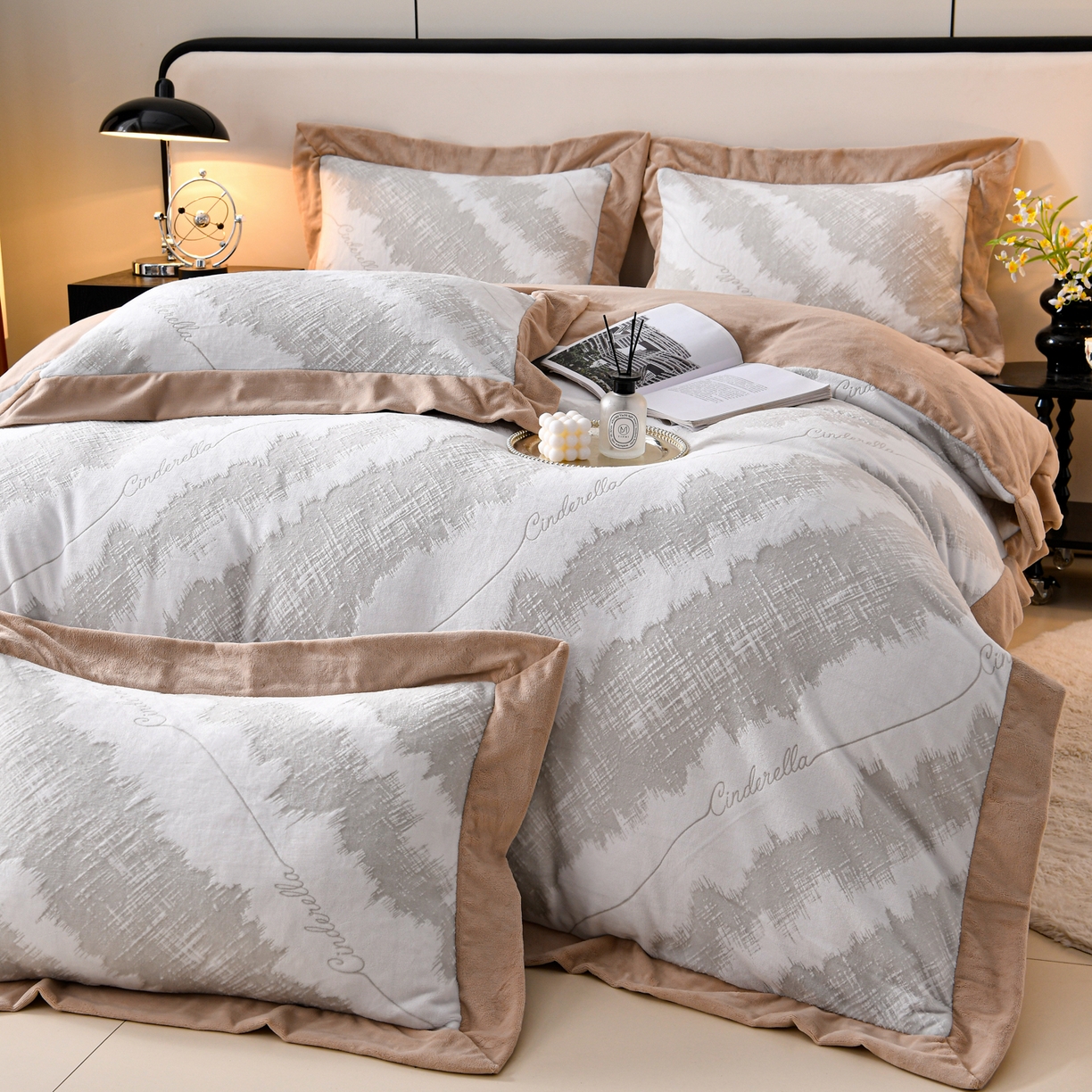 91家纺网 家纺一手货源 找家纺 湘雪家居  2025新款高克重雕花牛奶绒四件套 霜雪款-复古灰