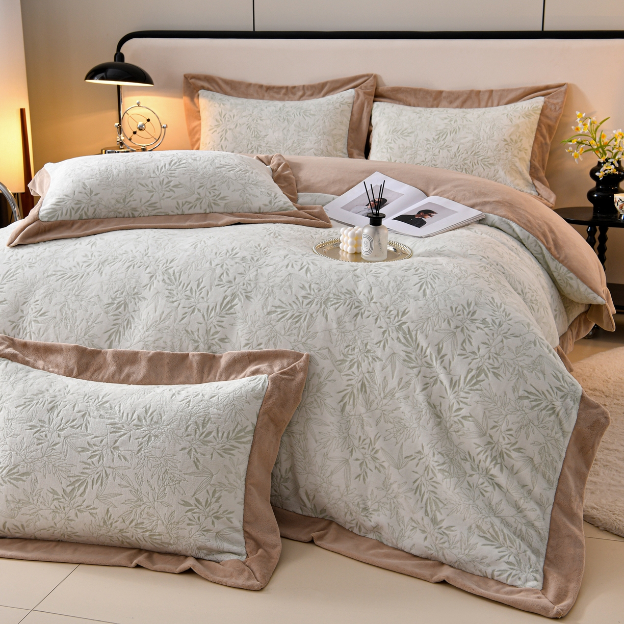 91家纺网 家纺一手货源 找家纺 湘雪家居  2025新款高克重雕花牛奶绒四件套 霜雪款-青竹绿