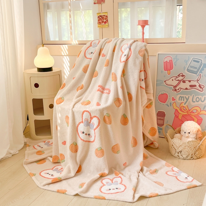 91家纺网 家纺一手货源 找家纺 川悦生活 2025新款高克重双面雪花绒印花毛毯三件套 毛毯橘兔