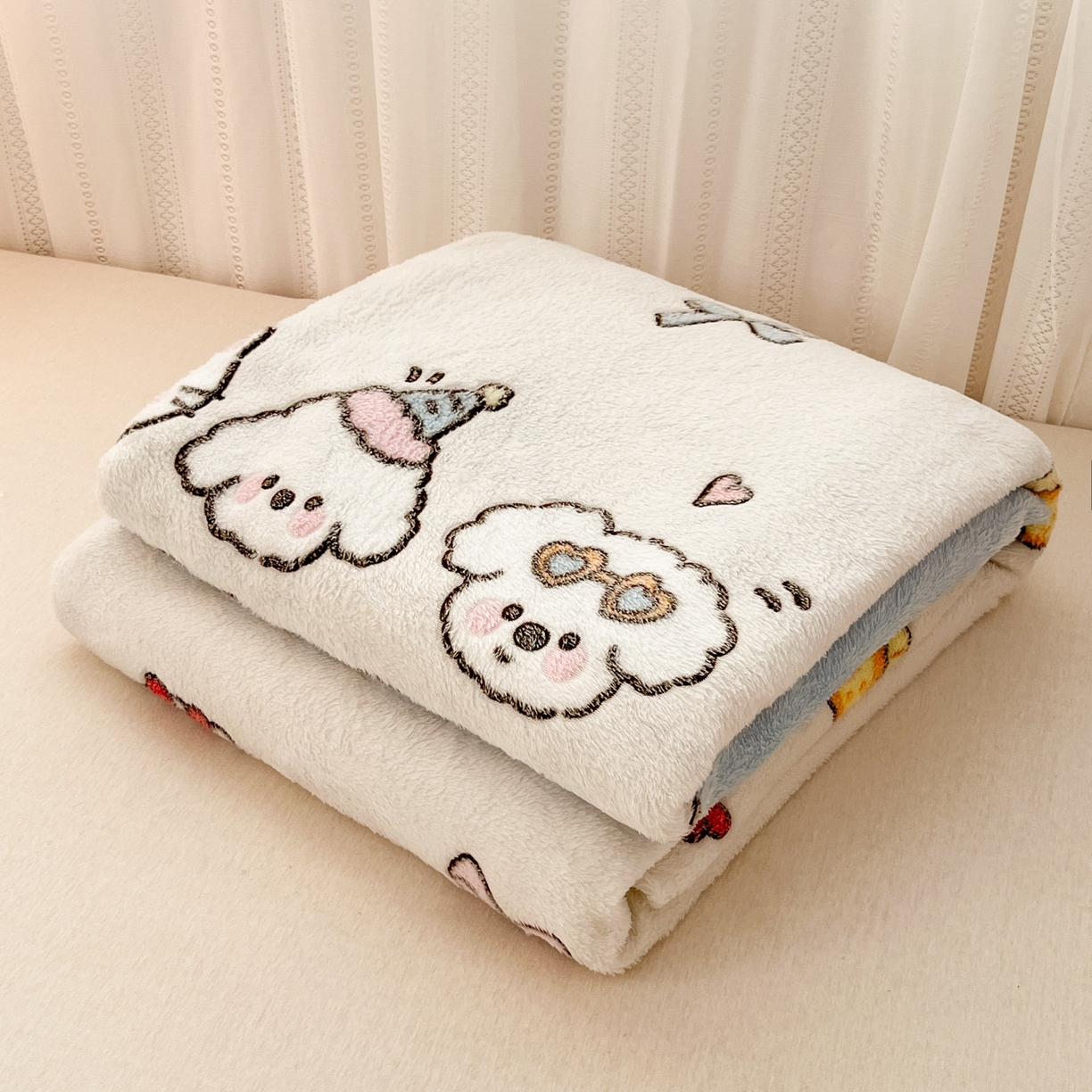 川悦生活 2025新款高克重双面雪花绒印花毛毯三件套 毛毯快乐派对