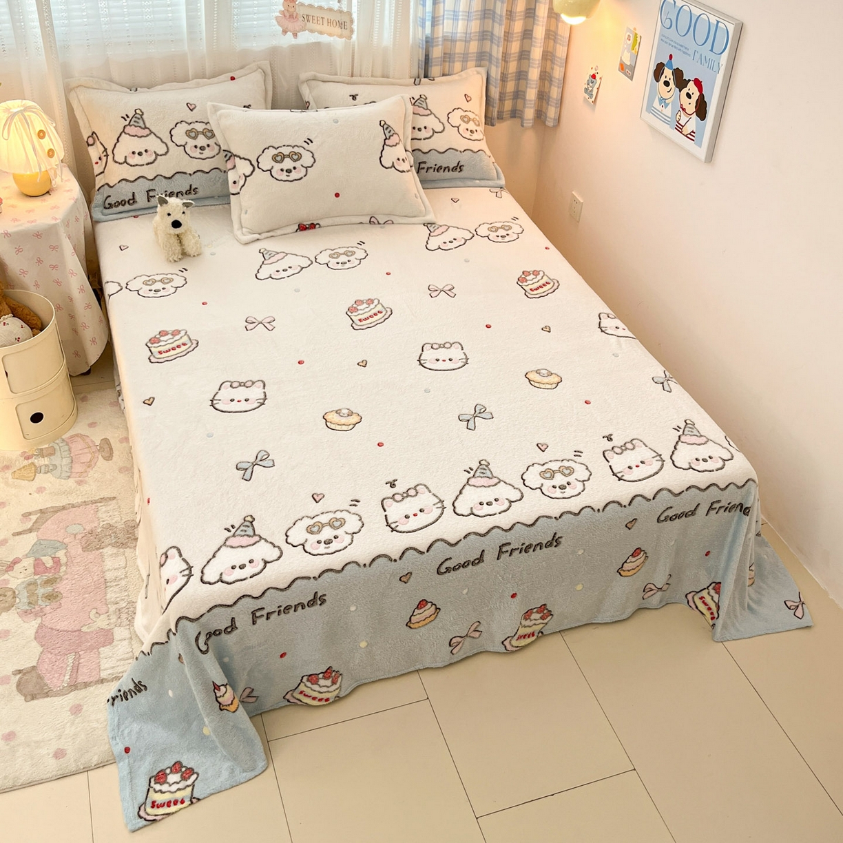 91家纺网 家纺一手货源 找家纺 川悦生活 2025新款高克重双面雪花绒印花毛毯三件套 毛毯快乐派对