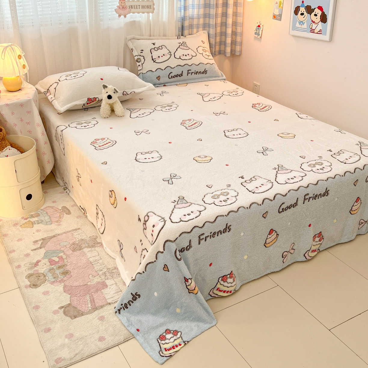 91家纺网 家纺一手货源 找家纺 川悦生活 2025新款高克重双面雪花绒印花毛毯三件套 毛毯快乐派对