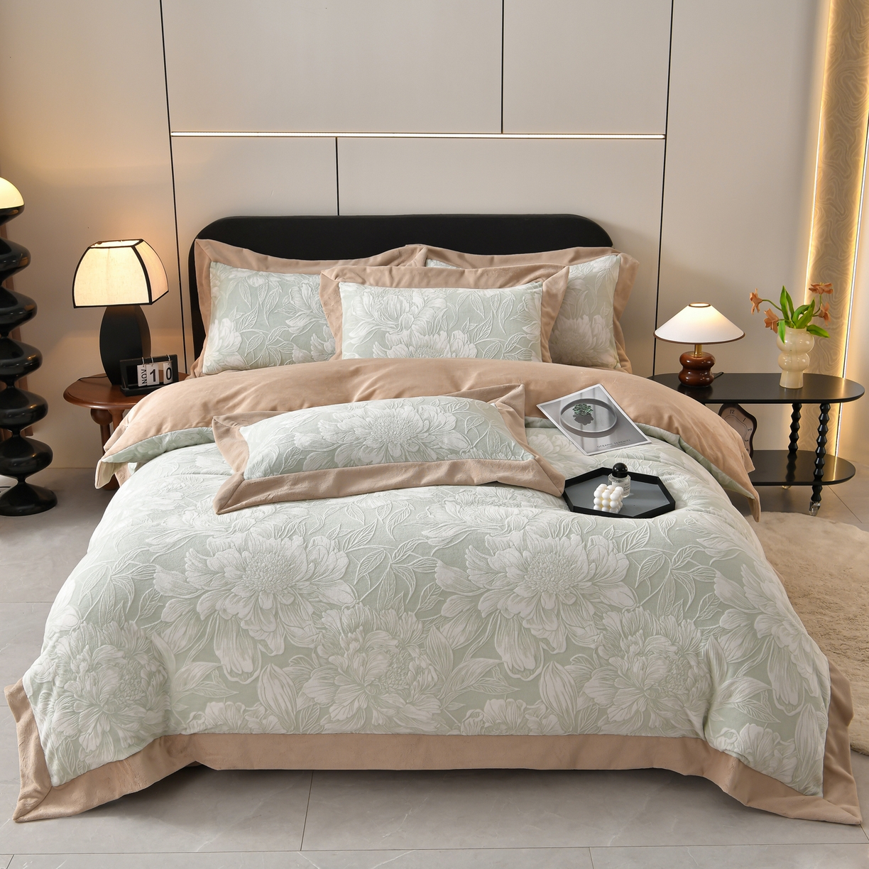 91家纺网 家纺一手货源 找家纺 湘雪家居  2025新款高克重雕花牛奶绒四件套 梦娜-浅绿