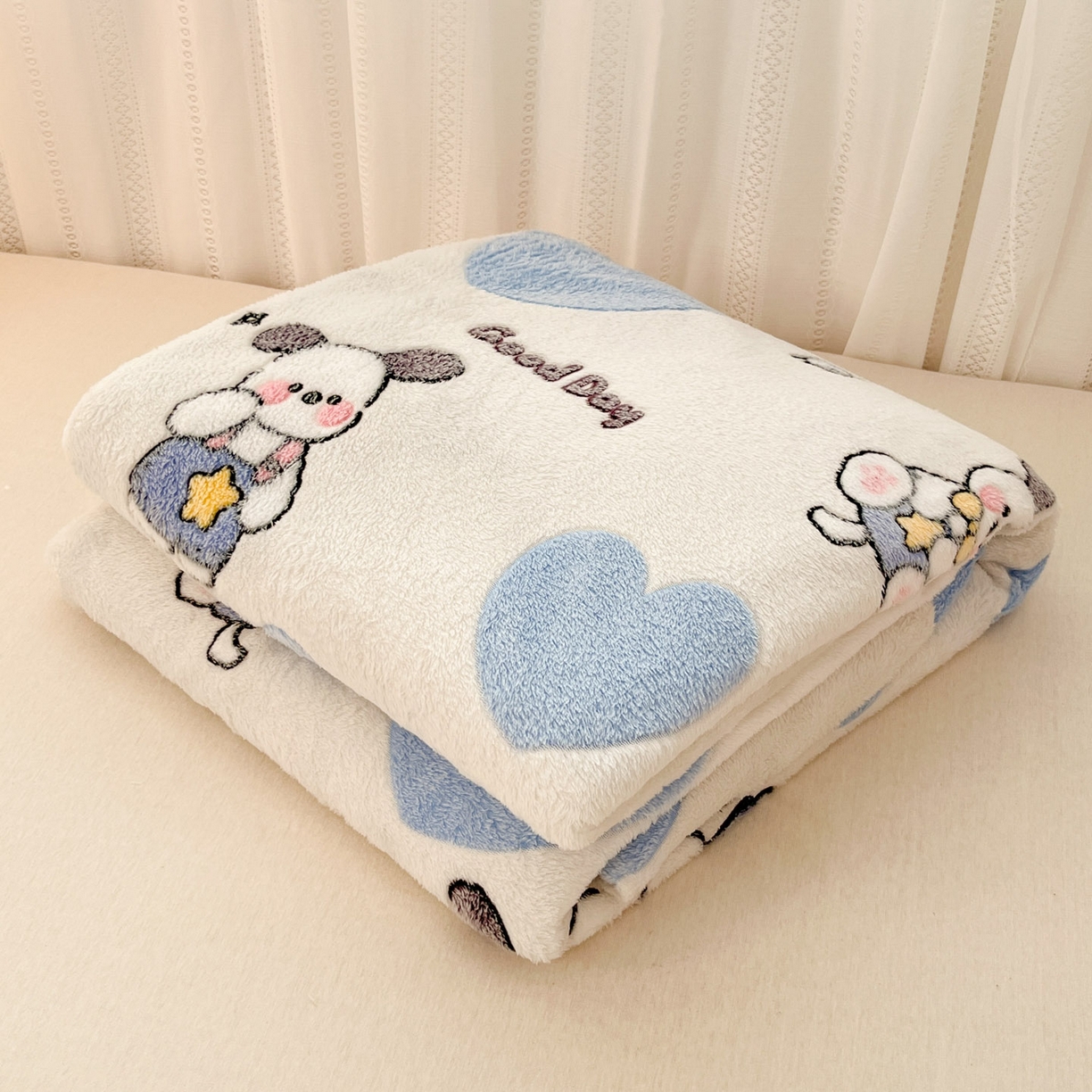 川悦生活 2025新款高克重双面雪花绒印花毛毯三件套 毛毯快乐西高地