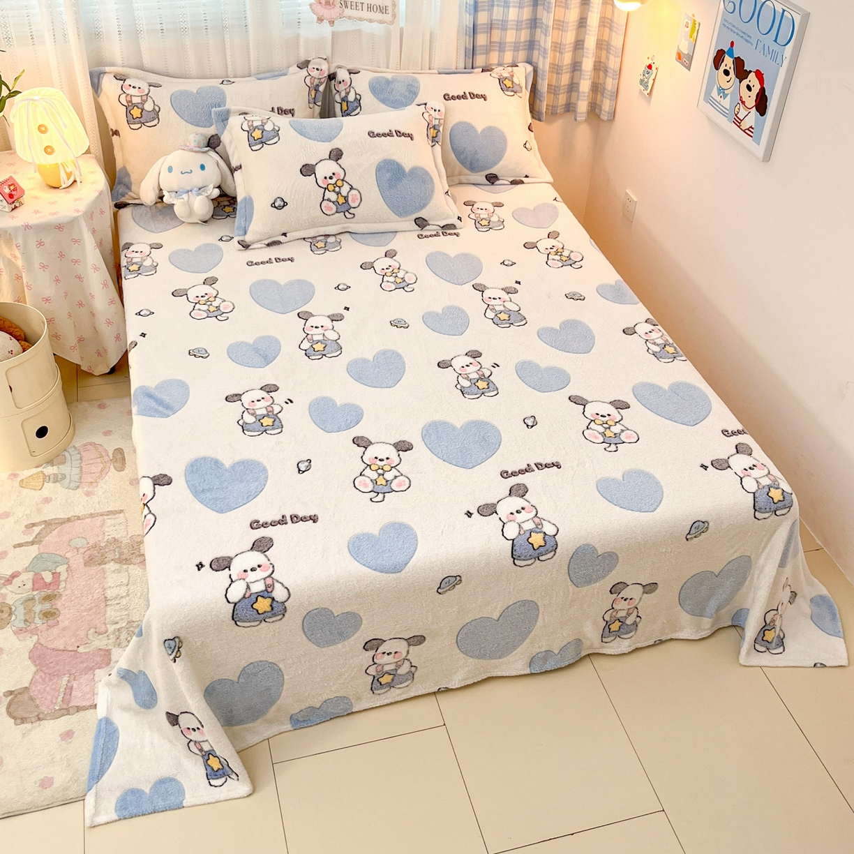 91家纺网 家纺一手货源 找家纺 川悦生活 2025新款高克重双面雪花绒印花毛毯三件套 毛毯快乐西高地