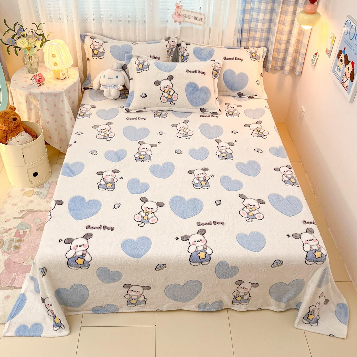 91家纺网 家纺一手货源 找家纺 川悦生活 2025新款高克重双面雪花绒印花毛毯三件套 毛毯快乐西高地