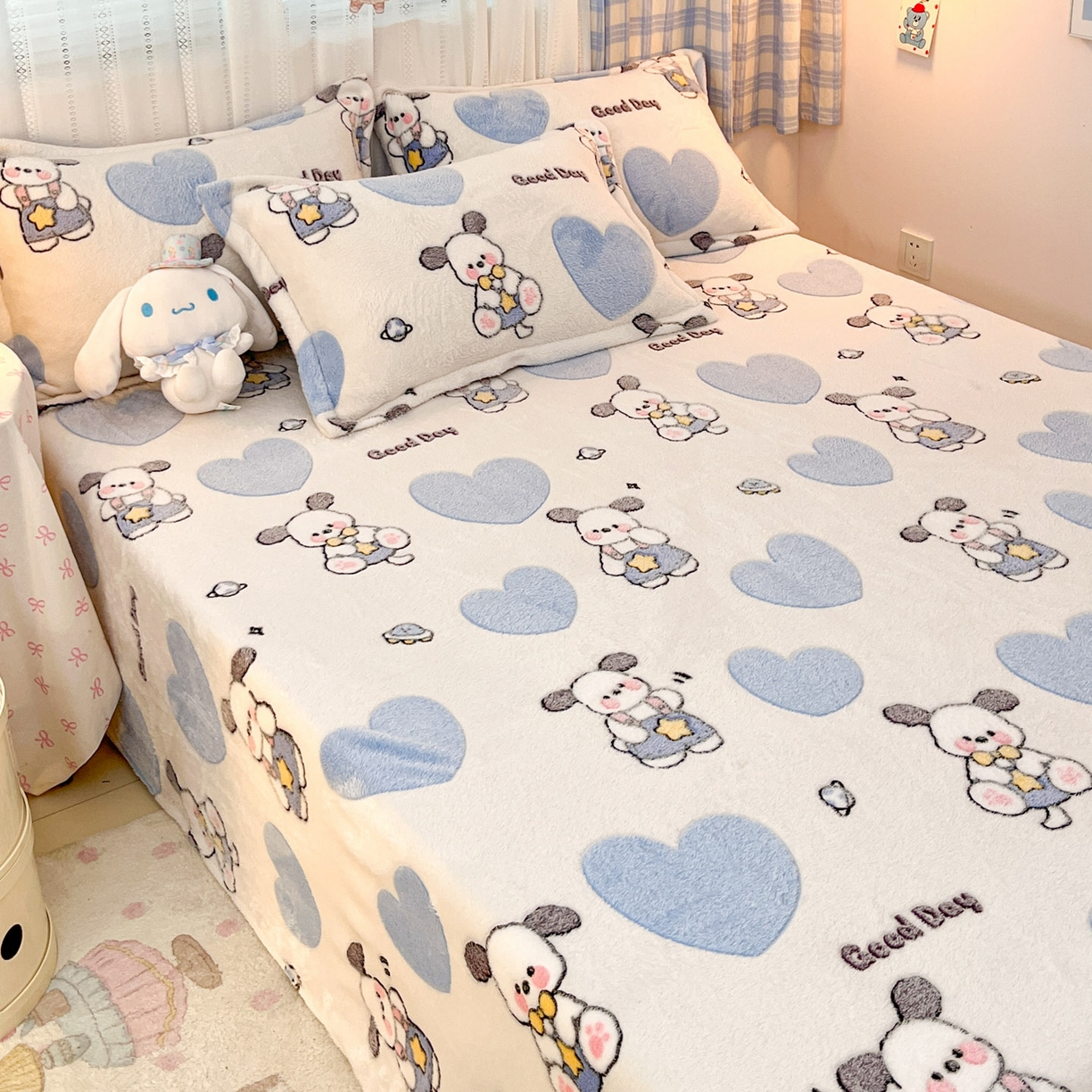 91家纺网 家纺一手货源 找家纺 川悦生活 2025新款高克重双面雪花绒印花毛毯三件套 毛毯快乐西高地