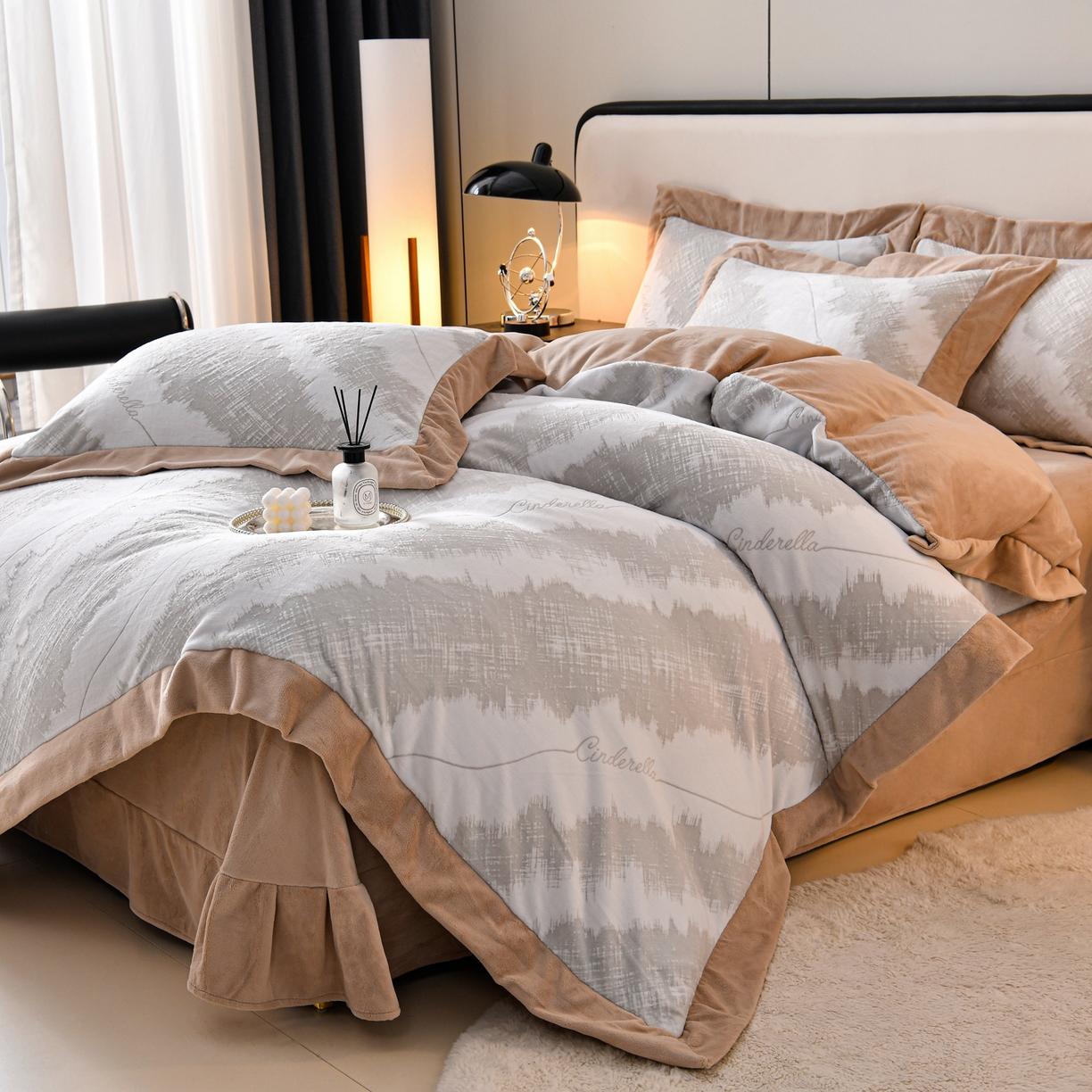 91家纺网 家纺一手货源 找家纺 湘雪家居  2025新款高克重雕花牛奶绒四件套 霜雪款-复古灰