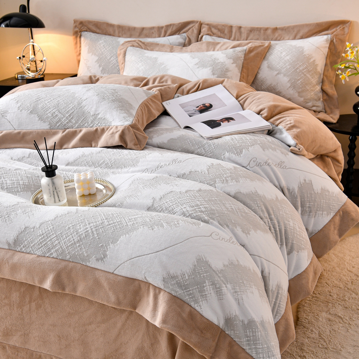 91家纺网 家纺一手货源 找家纺 湘雪家居  2025新款高克重雕花牛奶绒四件套 霜雪款-复古灰