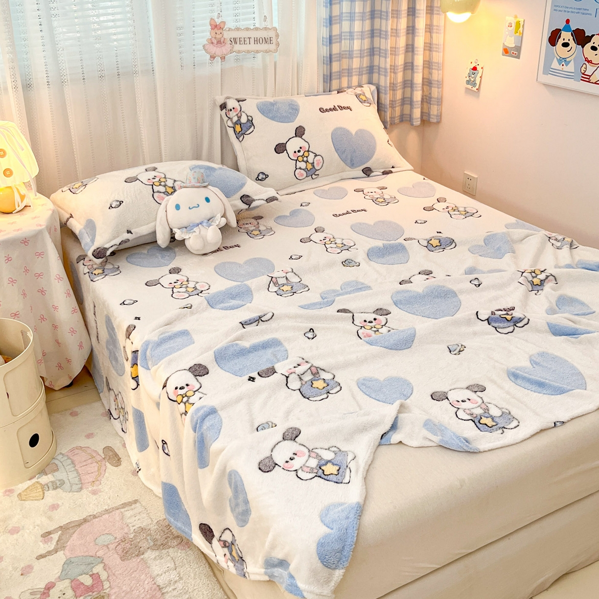 91家纺网 家纺一手货源 找家纺 川悦生活 2025新款高克重双面雪花绒印花毛毯三件套 毛毯快乐西高地