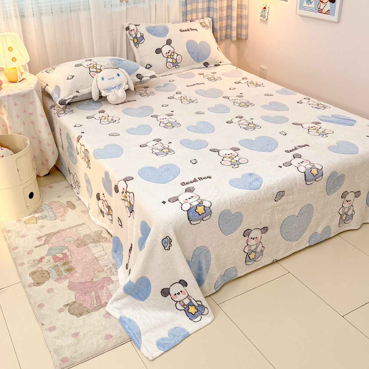 91家纺网 家纺一手货源 找家纺 川悦生活 2025新款高克重双面雪花绒印花毛毯三件套 毛毯快乐西高地