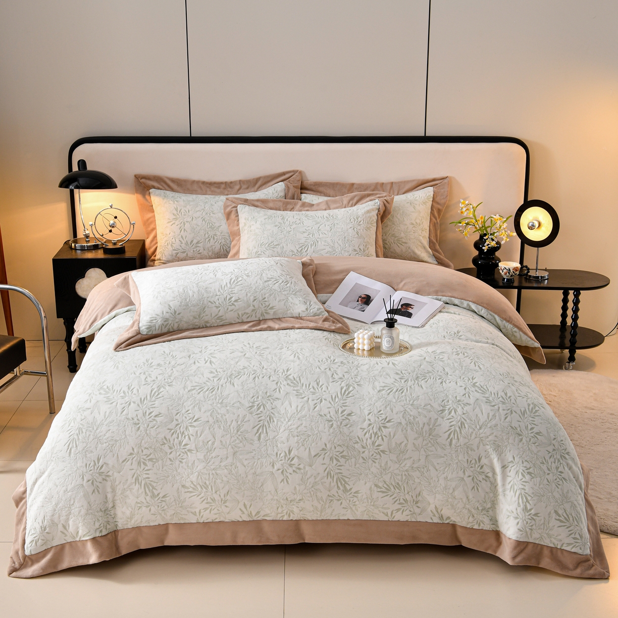 91家纺网 家纺一手货源 找家纺 湘雪家居  2025新款高克重雕花牛奶绒四件套 霜雪款-青竹绿