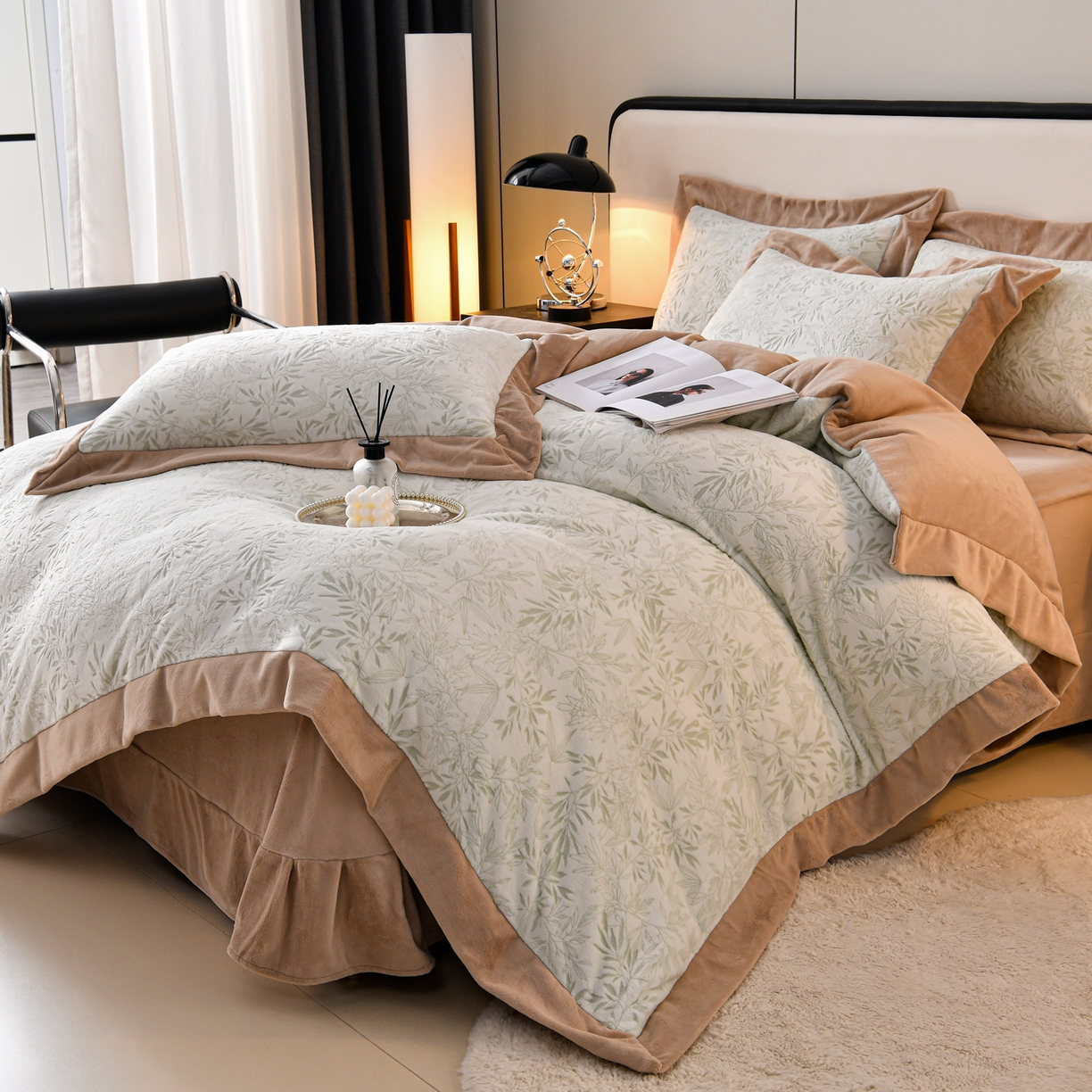 91家纺网 家纺一手货源 找家纺 湘雪家居  2025新款高克重雕花牛奶绒四件套 霜雪款-青竹绿