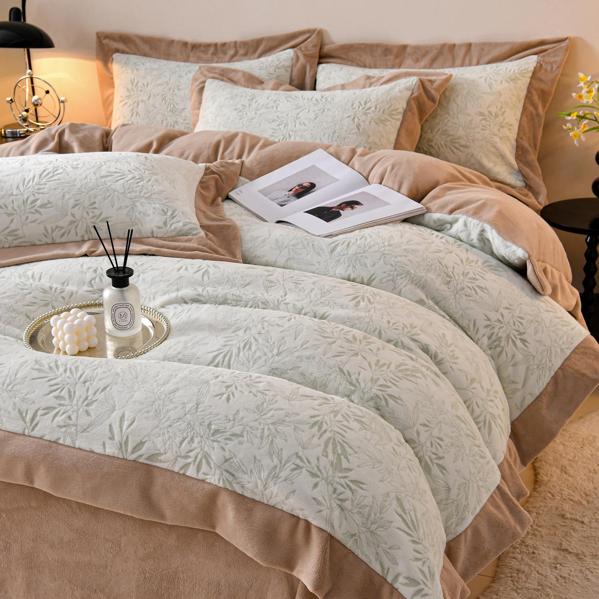 91家纺网 家纺一手货源 找家纺 湘雪家居  2025新款高克重雕花牛奶绒四件套 霜雪款-青竹绿