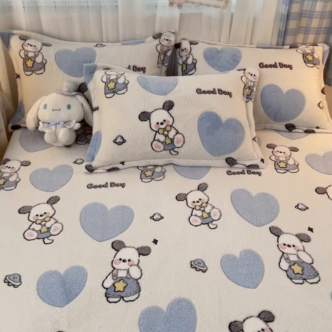 91家纺网 家纺一手货源 找家纺 川悦生活 2025新款高克重双面雪花绒印花毛毯三件套 毛毯快乐西高地