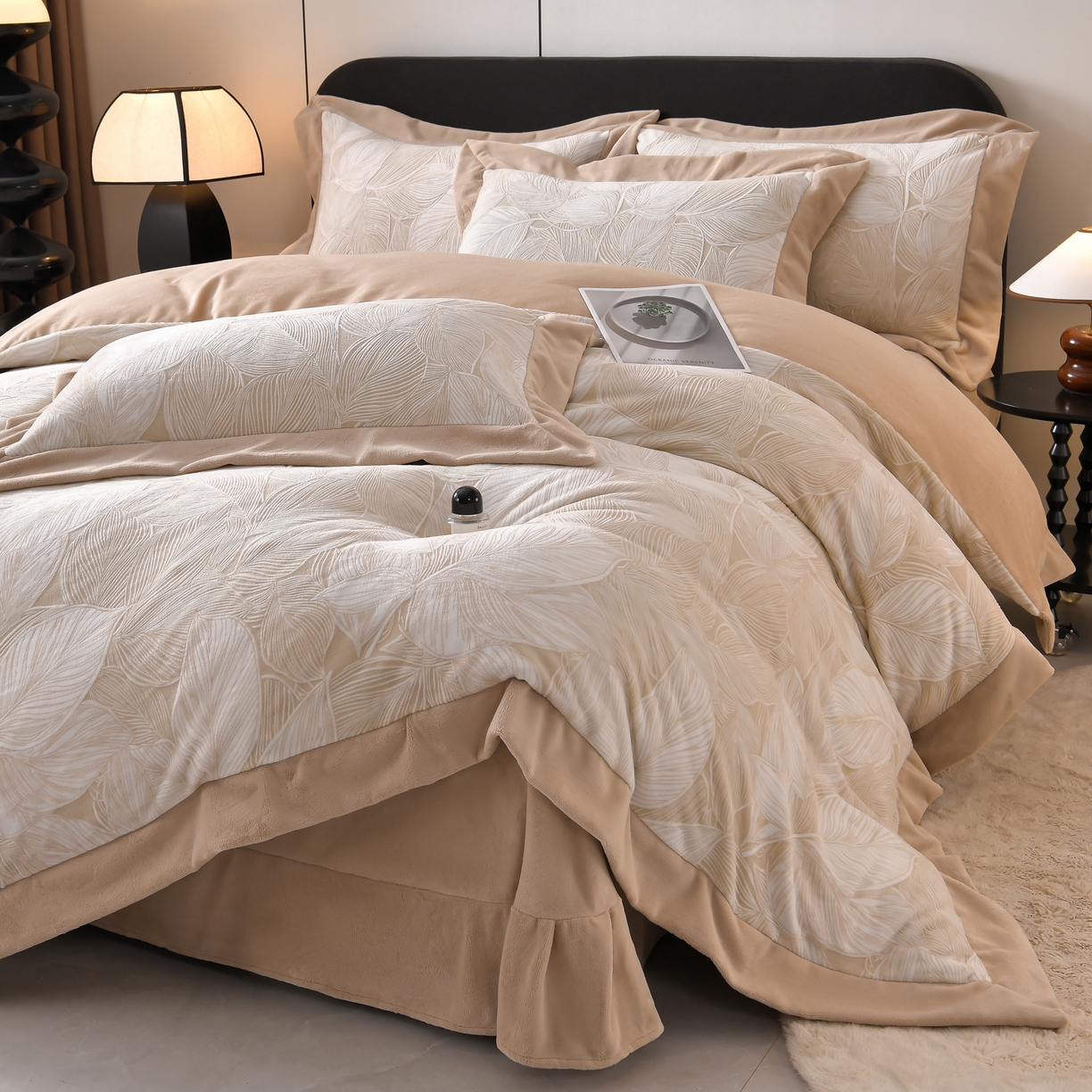 91家纺网 家纺一手货源 找家纺 湘雪家居  2025新款高克重雕花牛奶绒四件套 霜雪-秋叶卡