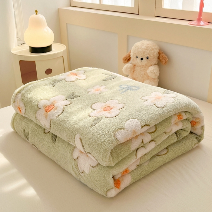 川悦生活 2025新款高克重双面雪花绒印花毛毯三件套 毛毯奶芙小花