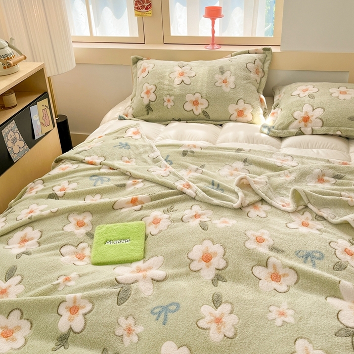 91家纺网 家纺一手货源 找家纺 川悦生活 2025新款高克重双面雪花绒印花毛毯三件套 毛毯奶芙小花