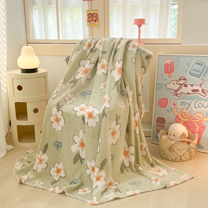 91家纺网 家纺一手货源 找家纺 川悦生活 2025新款高克重双面雪花绒印花毛毯三件套 毛毯奶芙小花