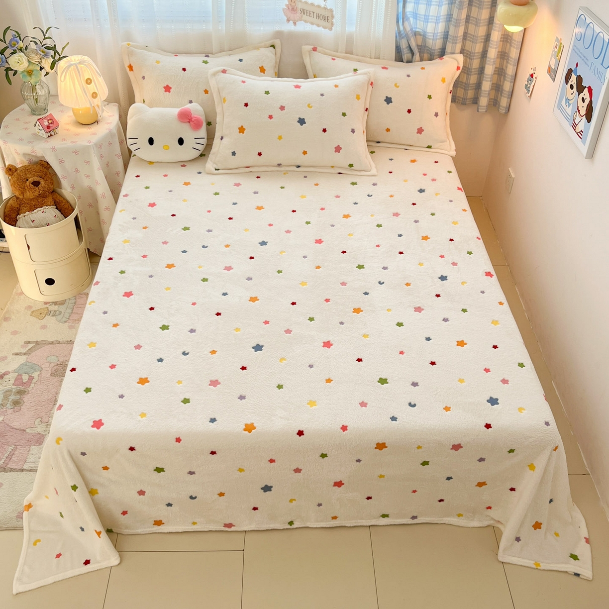 91家纺网 家纺一手货源 找家纺 川悦生活 2025新款高克重双面雪花绒印花毛毯三件套 毛毯奶昔星星