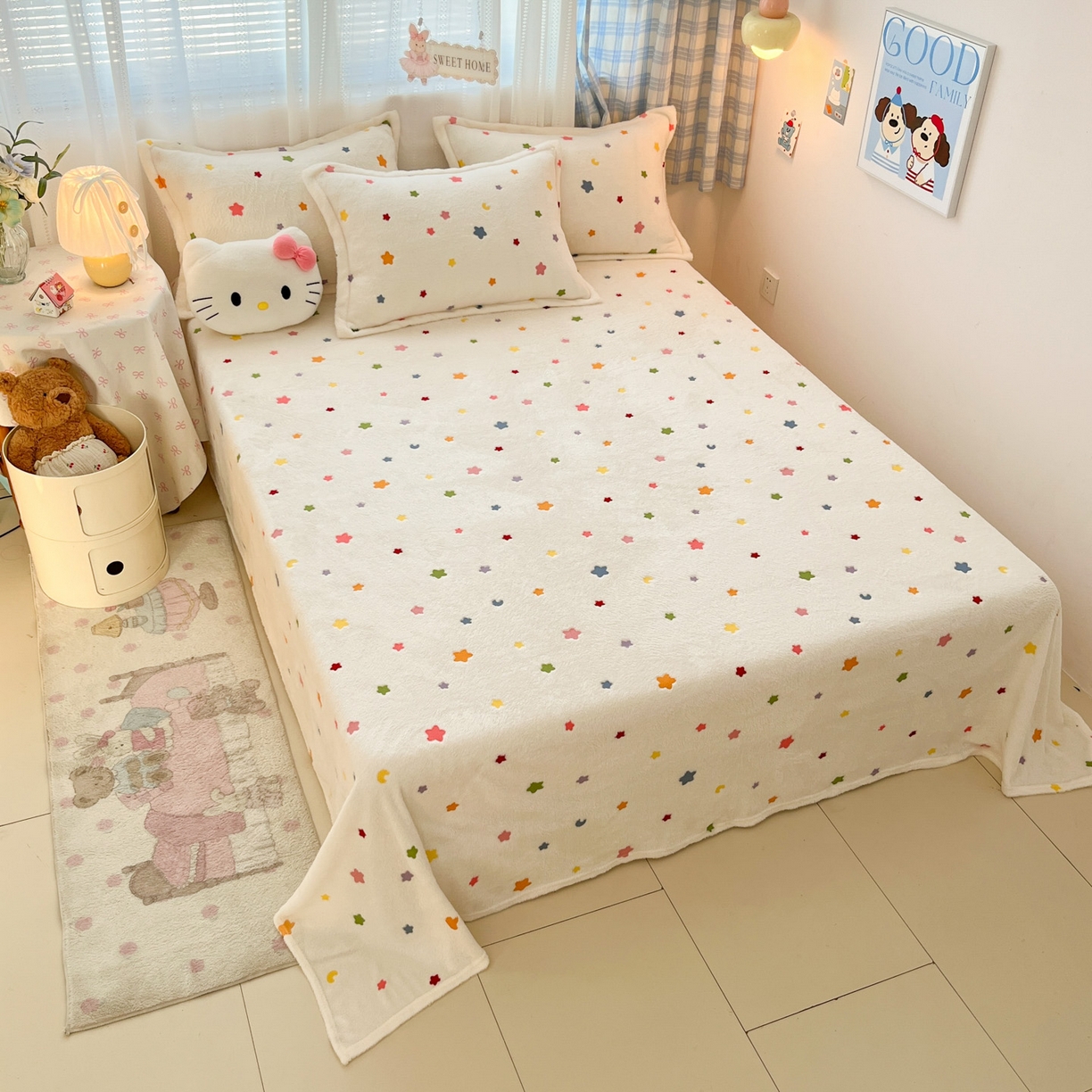 91家纺网 家纺一手货源 找家纺 川悦生活 2025新款高克重双面雪花绒印花毛毯三件套 毛毯奶昔星星