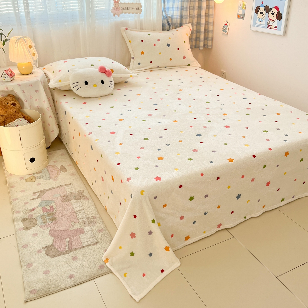 91家纺网 家纺一手货源 找家纺 川悦生活 2025新款高克重双面雪花绒印花毛毯三件套 毛毯奶昔星星