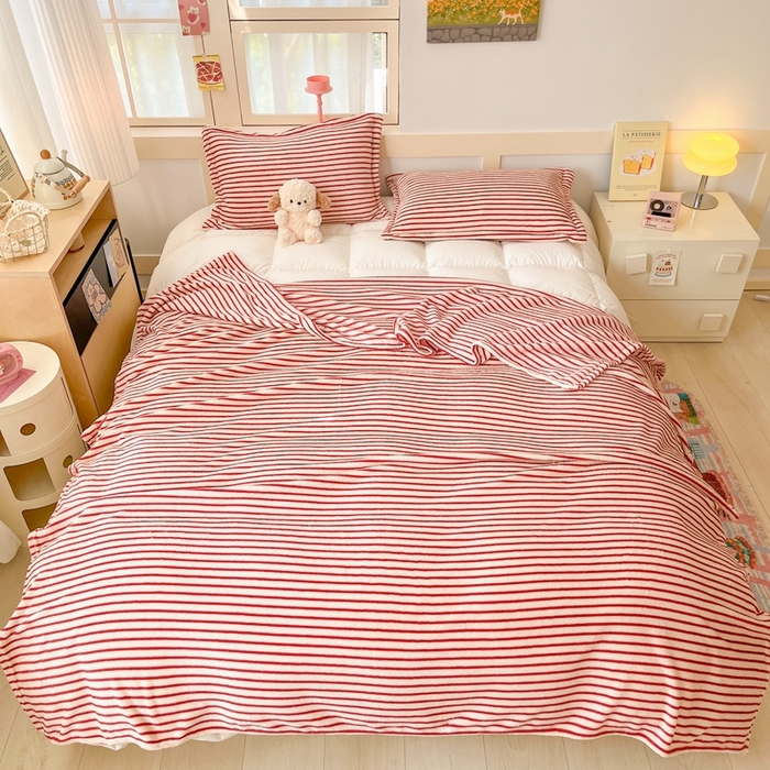 91家纺网 家纺一手货源 找家纺 川悦生活 2025新款高克重双面雪花绒印花毛毯三件套 毛毯秋语-红豆