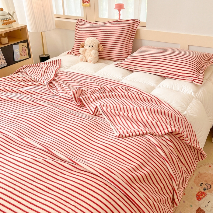 91家纺网 家纺一手货源 找家纺 川悦生活 2025新款高克重双面雪花绒印花毛毯三件套 毛毯秋语-红豆