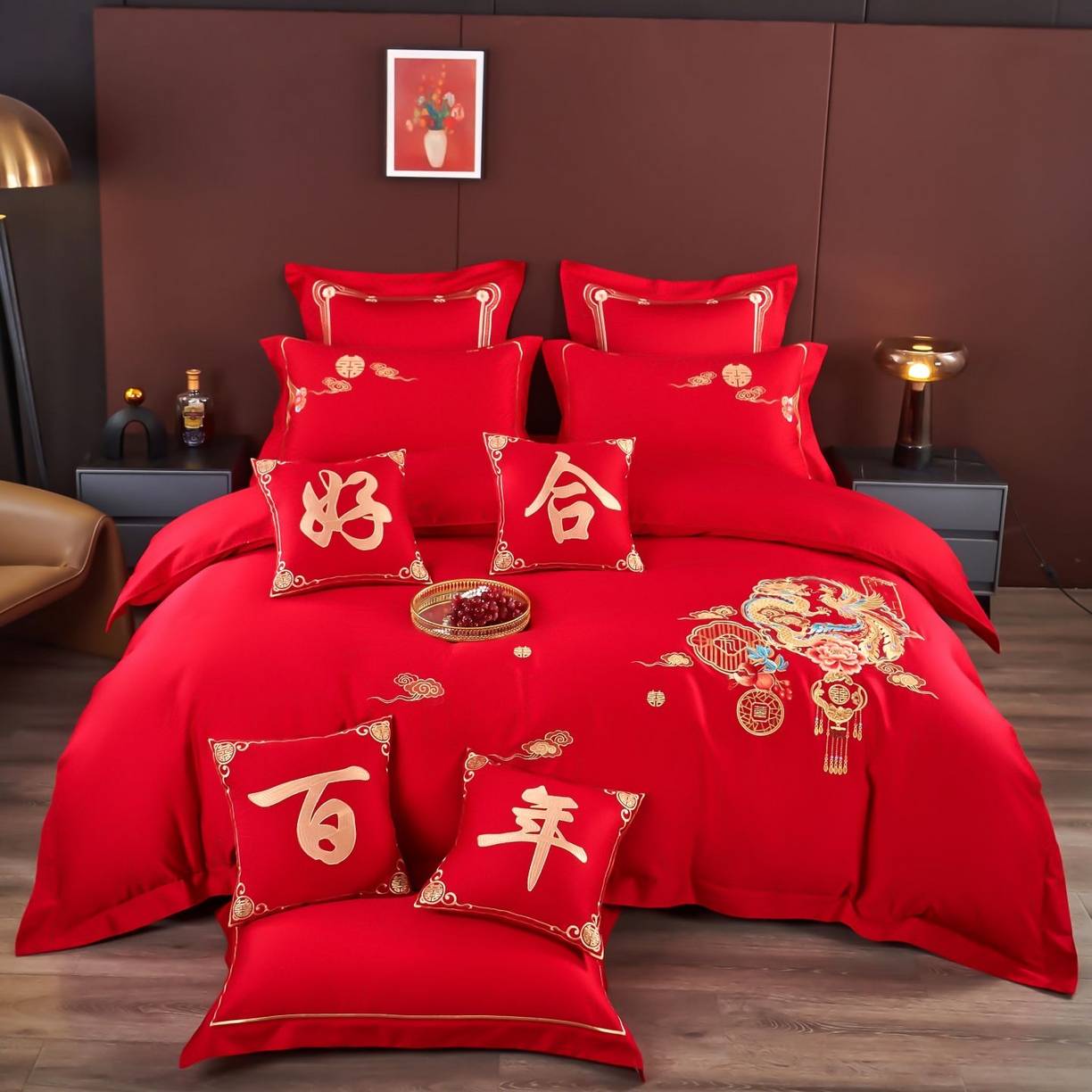 91家纺网 家纺一手货源 找家纺 皇潮婚庆馆 2025新款A类布款全棉刺绣婚庆四件套系列 龙悦凤鸣