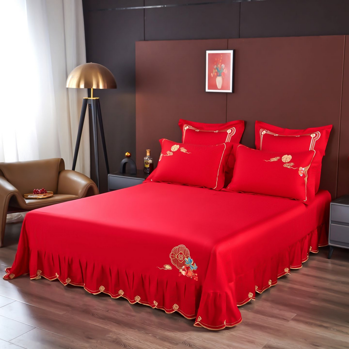 91家纺网 家纺一手货源 找家纺 皇潮婚庆馆 2025新款A类布款全棉刺绣婚庆四件套系列 龙悦凤鸣