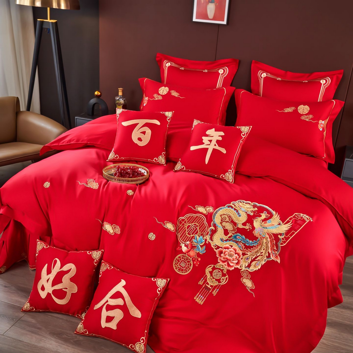 91家纺网 家纺一手货源 找家纺 皇潮婚庆馆 2025新款A类布款全棉刺绣婚庆四件套系列 龙悦凤鸣