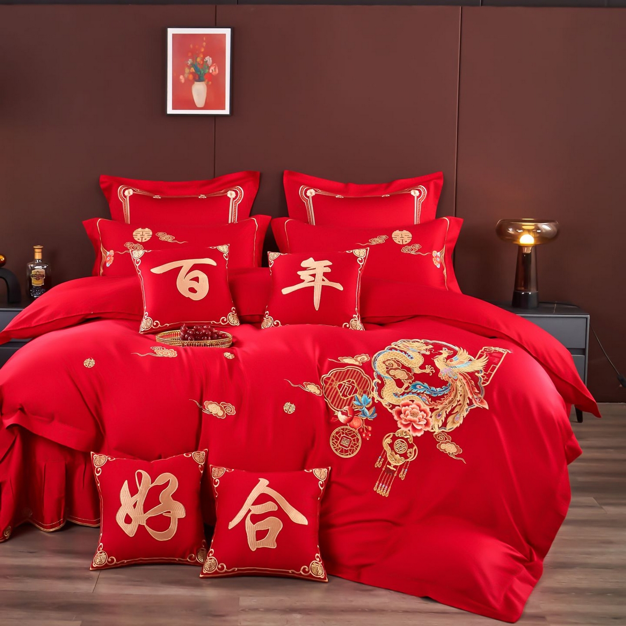 91家纺网 家纺一手货源 找家纺 皇潮婚庆馆 2025新款A类布款全棉刺绣婚庆四件套系列 龙悦凤鸣