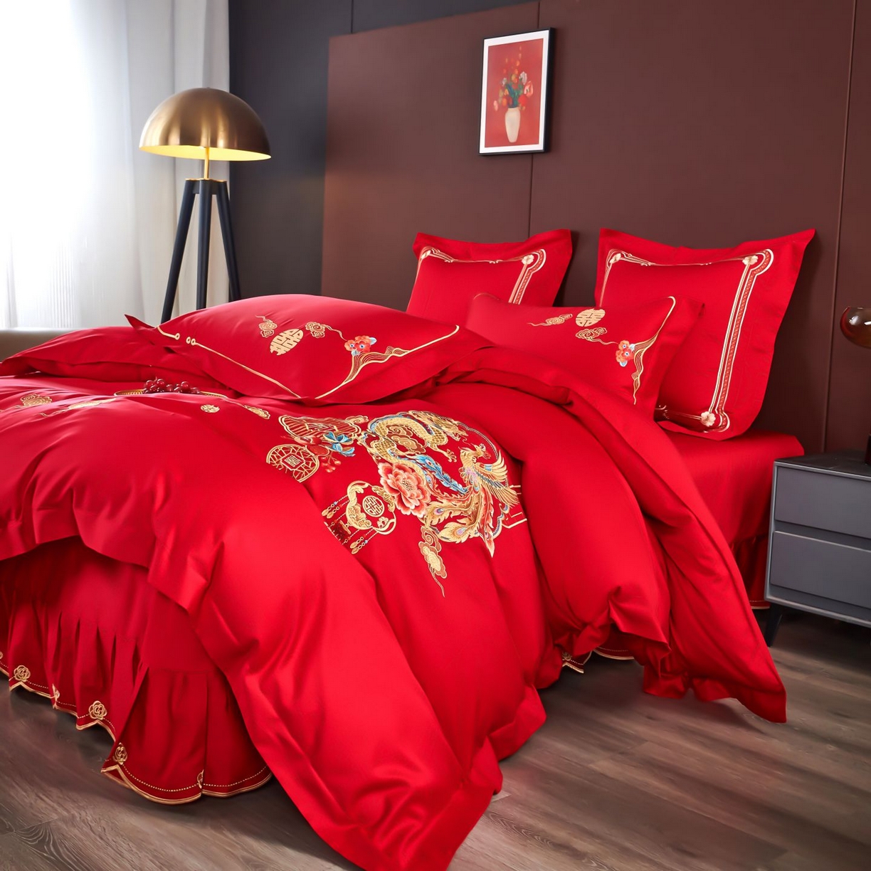 91家纺网 家纺一手货源 找家纺 皇潮婚庆馆 2025新款A类布款全棉刺绣婚庆四件套系列 龙悦凤鸣