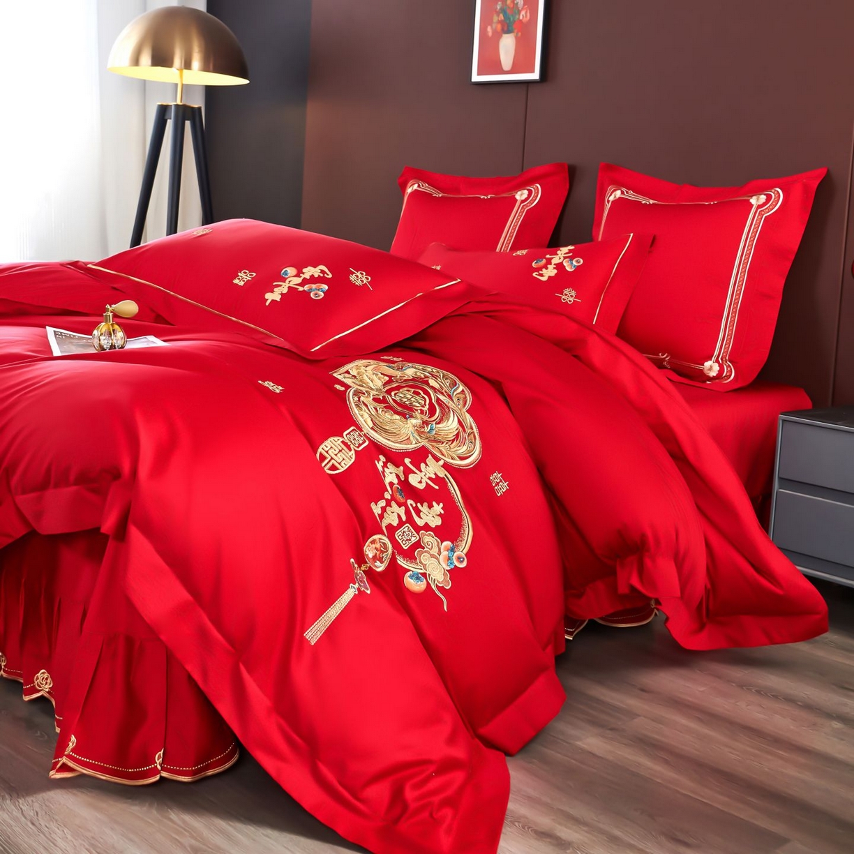 91家纺网 家纺一手货源 找家纺 皇潮婚庆馆 2025新款A类布款全棉刺绣婚庆四件套系列 喜事连连