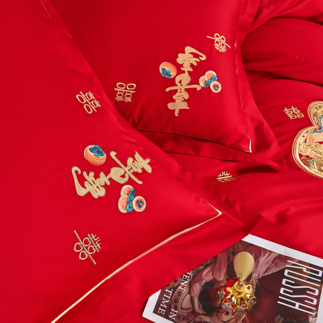 91家纺网 家纺一手货源 找家纺 皇潮婚庆馆 2025新款A类布款全棉刺绣婚庆四件套系列 喜事连连