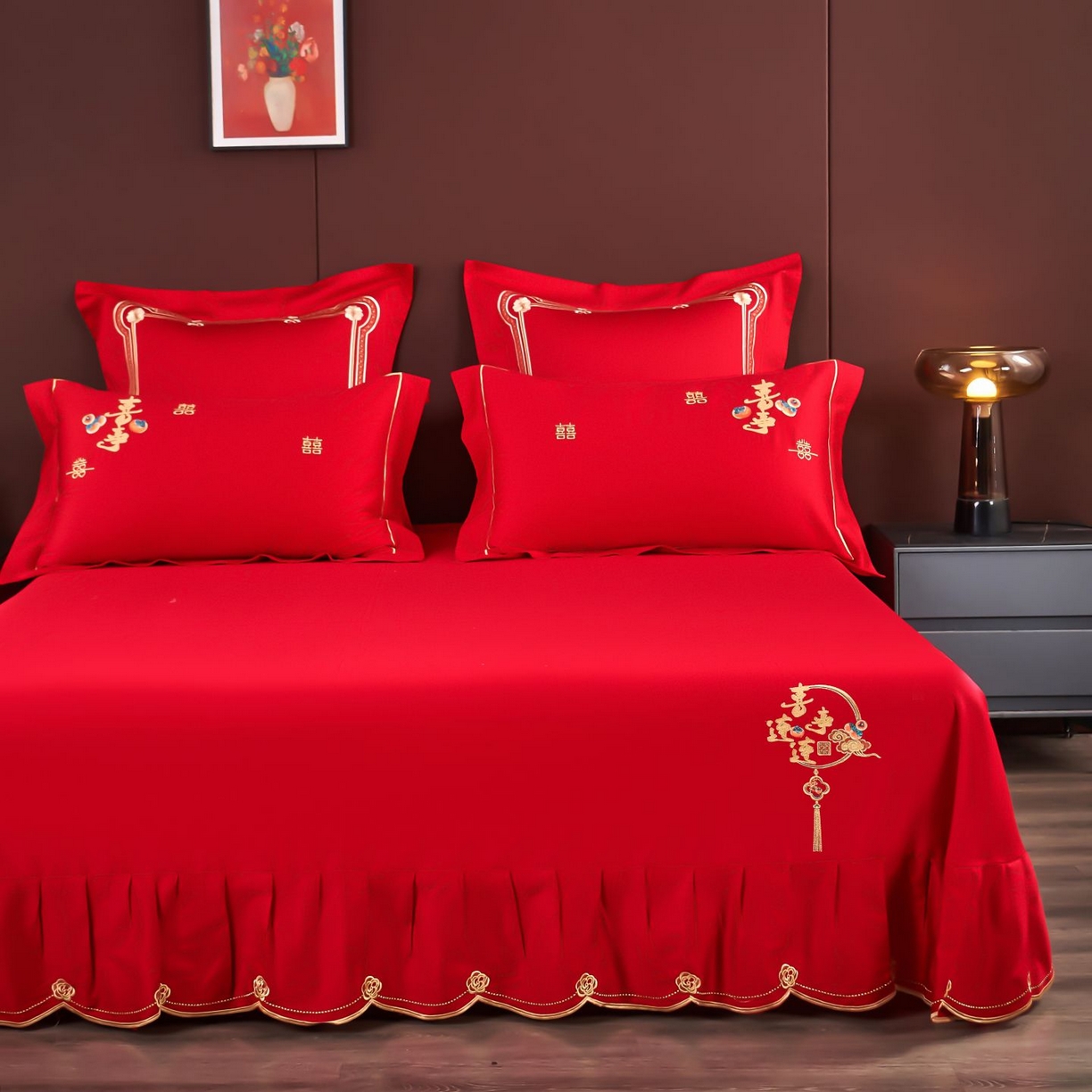 91家纺网 家纺一手货源 找家纺 皇潮婚庆馆 2025新款A类布款全棉刺绣婚庆四件套系列 喜事连连