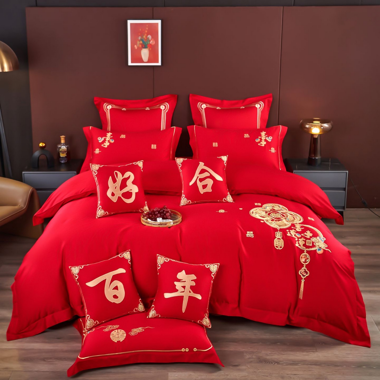 皇潮婚庆馆 2025新款A类布款全棉刺绣婚庆四件套系列 喜事连连