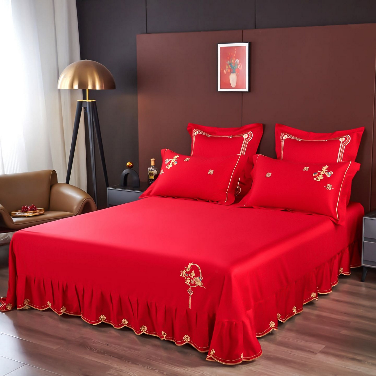 91家纺网 家纺一手货源 找家纺 皇潮婚庆馆 2025新款A类布款全棉刺绣婚庆四件套系列 喜事连连